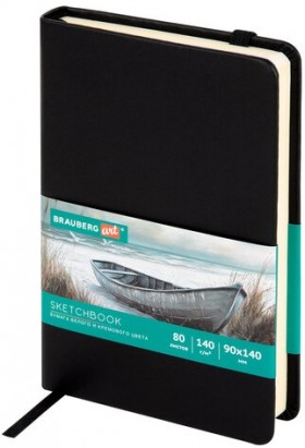 Скетчбук, слоновая кость+белая 140 г/м2, 90х140 мм, 80 л., КОЖЗАМ, резинка, BRAUBERG ART CLASSIC, черный, 116871