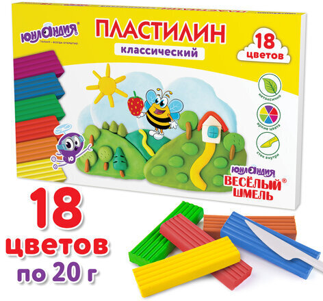 Пластилин классический ЮНЛАНДИЯ "ВЕСЁЛЫЙ ШМЕЛЬ", 18 цветов, 360 грамм, стек, ВЫСШЕЕ КАЧЕСТВО, 106432