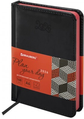 Ежедневник датированный 2026, МАЛЫЙ ФОРМАТ 100х150 мм, А6, BRAUBERG &quot;Rainbow&quot;, под кожу, черный, 117257