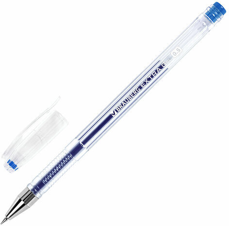 Ручка гелевая BRAUBERG "EXTRA", СИНЯЯ, корпус прозрачный, узел 0,5 мм, линия 0,35 мм, 143902