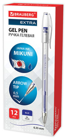 Ручка гелевая BRAUBERG "EXTRA", СИНЯЯ, корпус прозрачный, узел 0,5 мм, линия 0,35 мм, 143902