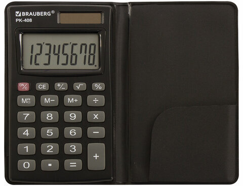 Калькулятор карманный BRAUBERG PK-408-BK (97x56 мм), 8 разрядов, двойное питание, ЧЕРНЫЙ, 250517
