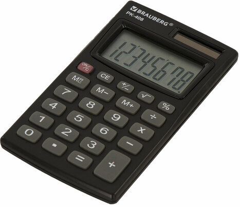 Калькулятор карманный BRAUBERG PK-408-BK (97x56 мм), 8 разрядов, двойное питание, ЧЕРНЫЙ, 250517