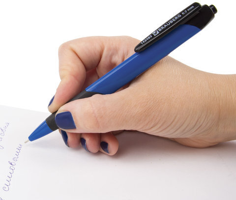 Ручка шариковая масляная автоматическая с грипом BRAUBERG "Booster", СИНЯЯ, трехгранная, узел 0,7 мм, линия письма 0,35 мм, 142483