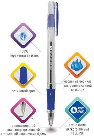 Ручка шариковая масляная с грипом BRAUBERG "i-Rite GT", СИНЯЯ, корпус прозрачный, узел 0,7 мм, 143300