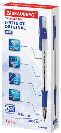 Ручка шариковая масляная с грипом BRAUBERG "i-Rite GT", СИНЯЯ, корпус прозрачный, узел 0,7 мм, 143300