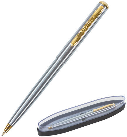 Ручка подарочная шариковая BRAUBERG Maestro, СИНЯЯ, корпус серебристый с золотистым, линия письма 0,5 мм, 143468