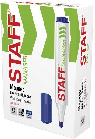 Маркер стираемый для белой доски СИНИЙ, STAFF "Manager" WBM-491, 5 мм, с клипом, 151492