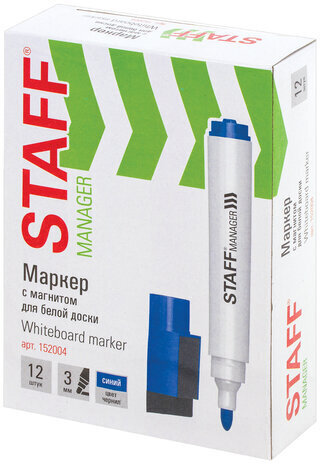 Маркер стираемый для белой доски на магните со стирателем, СИНИЙ, STAFF "Manager" WBM-002, 3 мм, 152004