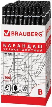 Карандаш чернографитный BRAUBERG, 1 шт., "Touch line", В, корпус черный, заточенный, 180622