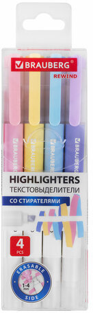 Набор текстовыделителей СТИРАЕМЫХ 4 ЦВЕТА, BRAUBERG &quot;REWIND&quot;, двусторонние со стирателем, линия письма 1-4 мм, 152510