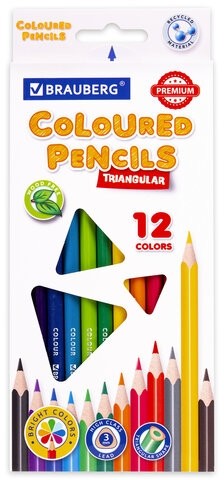 Карандаши цветные BRAUBERG PREMIUM, 12 цветов, трехгранные, грифель мягкий 3 мм, 181661