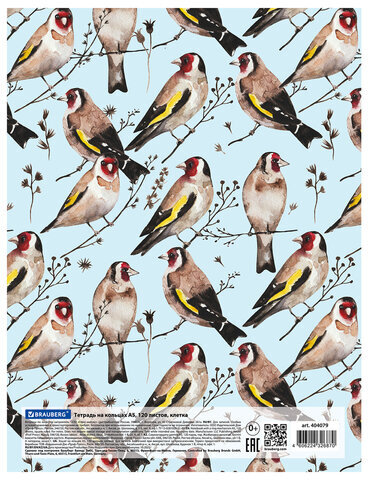 Тетрадь на кольцах А5 165х215 мм, 120 л., твердый картон, клетка, BRAUBERG, "Щеглы", 404079
