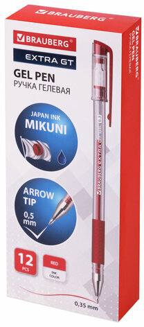 Ручка гелевая с грипом BRAUBERG "EXTRA GT", КРАСНАЯ, стандартный узел 0,5 мм, линия 0,35 мм, 143920