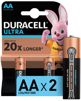 Батарейки КОМПЛЕКТ 2 шт., DURACELL Ultra, AA (LR06, 15А), алкалиновые, пальчиковые, блистер