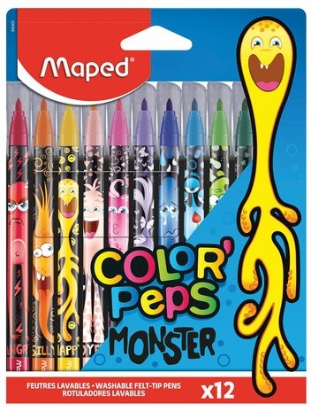 Фломастеры MAPED "COLOR PEP'S Monster", 12 цветов, смываемые, вентилируемый колпачок, 845400