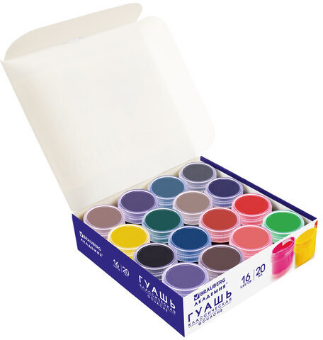 Гуашь BRAUBERG "АКАДЕМИЯ КЛАССИЧЕСКАЯ ЭКСТРА", 16 цветов по 20 мл, 192373