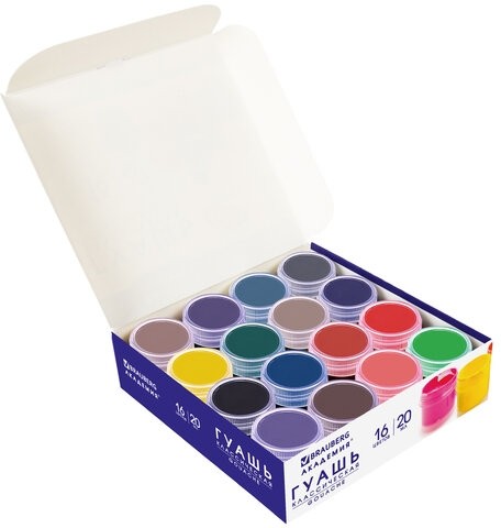 Гуашь BRAUBERG "АКАДЕМИЯ КЛАССИЧЕСКАЯ ЭКСТРА", 16 цветов по 20 мл, 192373