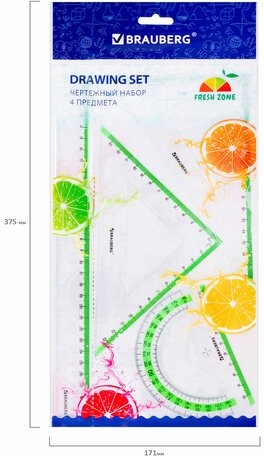 Набор чертежный большой BRAUBERG "FRESH ZONE" (линейка 30 см, 2 треугольника, транспортир) с салатовой шкалой, 210764