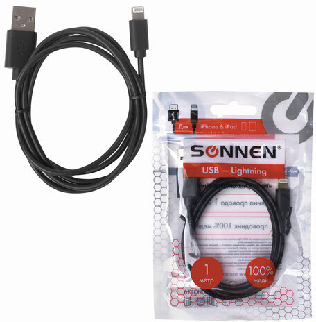 Кабель USB 2.0-Lightning, 1 м, SONNEN, медь, для передачи данных и зарядки iPhone/iPad, 513116