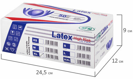 Перчатки латексные смотровые, сверхпрочные, SFM HIGH RISK ULTRA, 25 пар (50 штук), размер XL (очень большой)