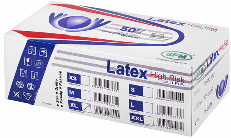 Перчатки латексные смотровые, сверхпрочные, SFM HIGH RISK ULTRA, 25 пар (50 штук), размер XL (очень большой)