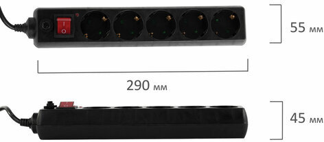 Сетевой фильтр SONNEN U-3518, 5 розеток, с заземлением, выключатель, 10 А, 1,8 м, черный, 513488