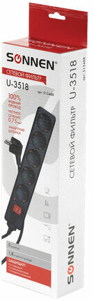 Сетевой фильтр SONNEN U-3518, 5 розеток, с заземлением, выключатель, 10 А, 1,8 м, черный, 513488