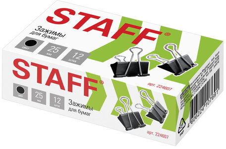 Зажимы для бумаг STAFF "EVERYDAY", КОМПЛЕКТ 12 шт., 25 мм, на 100 листов, черные, картонная коробка, 224607