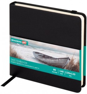 Скетчбук, слоновая кость+белая 140 г/м2, 120х120 мм, 80 л., КОЖЗАМ, резинка, BRAUBERG ART CLASSIC, черный, 116872