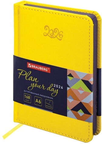 Ежедневник датированный 2026, МАЛЫЙ ФОРМАТ 100х150 мм, А6, BRAUBERG "Rainbow", под кожу, желтый, 117258
