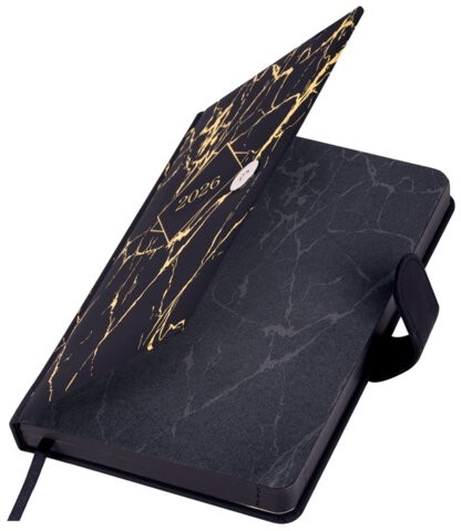 Ежедневник датированный 2026 А5 138x213 мм, BRAUBERG "Goldy", под кожу, цветной срез, черный, 117470