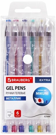 Ручки гелевые МЕТАЛЛИК BRAUBERG "EXTRA", НАБОР 6 ЦВЕТОВ, узел 0,7 мм, линия 0,35 мм, 143907