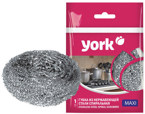 Губка (мочалка) XL, 8х8х4 см, для посуды металлическая, СРЕДНЯЯ, спиральная, 27 г, нержавеющая сталь, YORK, 2010