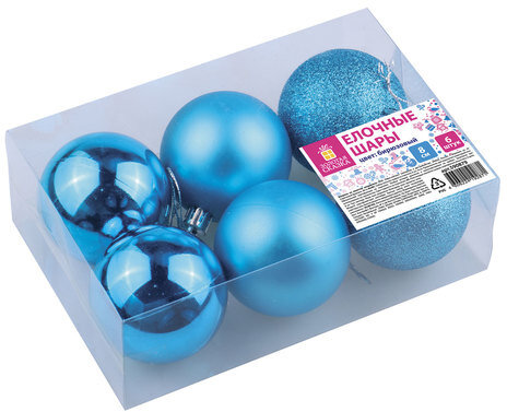 Шары ёлочные 6 шт., 8 см, "Trio", пластик, БИРЮЗОВЫЕ (глянец, матовый, глиттер), ЗОЛОТАЯ СКАЗКА, 590879