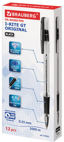 Ручка шариковая масляная с грипом BRAUBERG "i-Rite GT", ЧЕРНАЯ, корпус прозрачный, узел 0,7 мм,143301