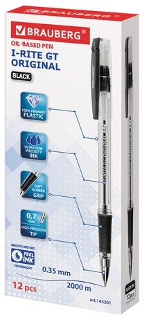 Ручка шариковая масляная с грипом BRAUBERG "i-Rite GT", ЧЕРНАЯ, корпус прозрачный, узел 0,7 мм,143301