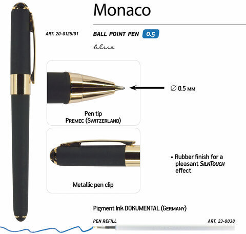 Ручка шариковая BRUNO VISCONTI MONACO, черный корпус, узел 0,5 мм, линия письма 0,3 мм, синяя, 20-0125/01