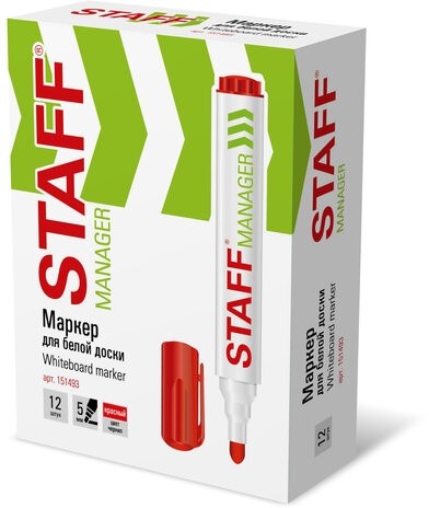 Маркер стираемый для белой доски КРАСНЫЙ, STAFF "Manager" WBM-491, 5 мм, с клипом, 151493