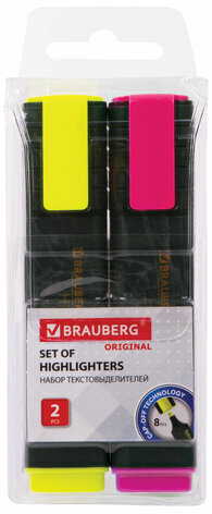 Набор текстовыделителей BRAUBERG 2 шт., ЖЕЛТЫЙ/РОЗОВЫЙ, "ORIGINAL", линия 1-5 мм, 151688