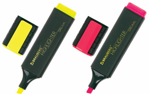 Набор текстовыделителей BRAUBERG 2 шт., ЖЕЛТЫЙ/РОЗОВЫЙ, "ORIGINAL", линия 1-5 мм, 151688