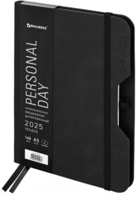Ежедневник датированный 2025, А5, 151х213 мм, BRAUBERG "Note", под кожу, держатель для ручки, резинка-фиксатор, черный, 115930