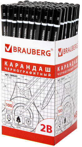 Карандаш чернографитный BRAUBERG, 1 шт., "Touch line", 2В, корпус черный, заточенный, 180623