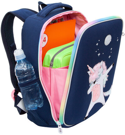 Ранец GRIZZLY, анатомическая спинка, LED лампочки, для девочек, "STAR UNICORN", 37х26х16 см, RG-265-2/1