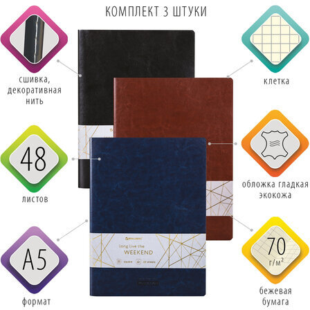 Тетради 48 л. в клетку обложка гладкий кожзам, НАБОР 3 шт., сшивка, А5 (147х210 мм), BRAUBERG VIVA, 403892