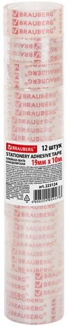 Клейкие ленты 19 мм х 10 м канцелярские BRAUBERG, комплект 12 шт., прозрачные, 223124