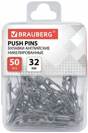 Булавки английские BRAUBERG, 32 мм, никелированные, 50 шт., в пластиковой коробке с европодвесом, 223970