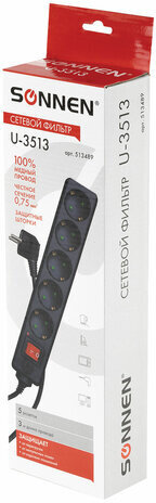 Сетевой фильтр SONNEN U-3513, 5 розеток, с заземлением, выключатель, 10 А, 3 м, черный, 513489