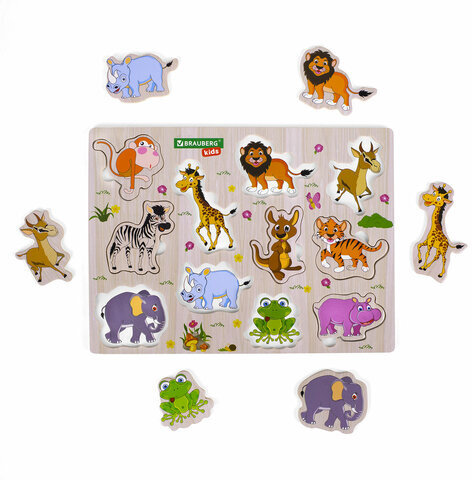 Рамка-вкладыш деревянная развивающая "Животные", 22х30 см, BRAUBERG KIDS, 665256