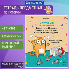 Тетрадь предметная "КОТ-ЭНТУЗИАСТ" 48 л., TWIN-лак, ИСТОРИЯ, клетка, подсказ, BRAUBERG, 404563